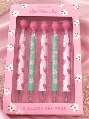 OCS Designs Strawberry Gel Pen Set — Pink & Green, 5-Pack